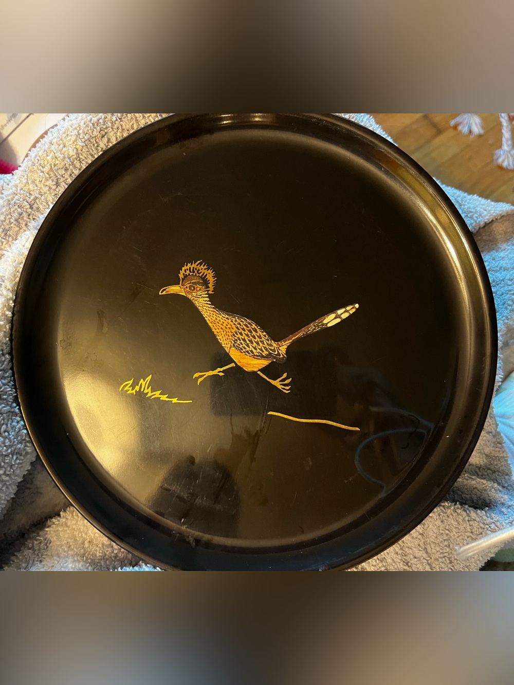 Black Tray with Gold Roadrunner Motif - MCM Decorative Accent plate